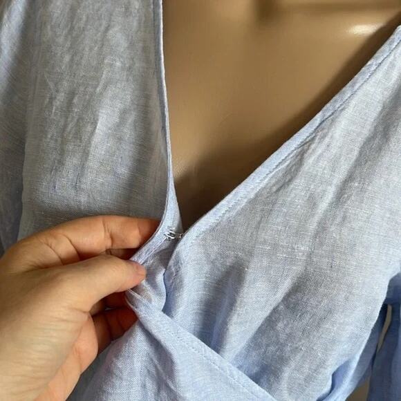 NWT Rachel Zoe Linen Top Blouse Peplum Wrap Tie Waist Women M Blue 100% Linen - Picture 9 of 13